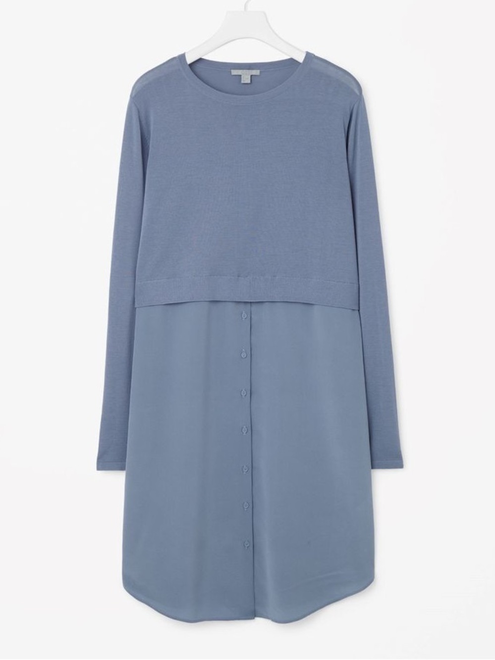 COS Slate Blue Cotton Knit Silk Combo Mixed Long Sleeve Tunic Shirt Dress Medium